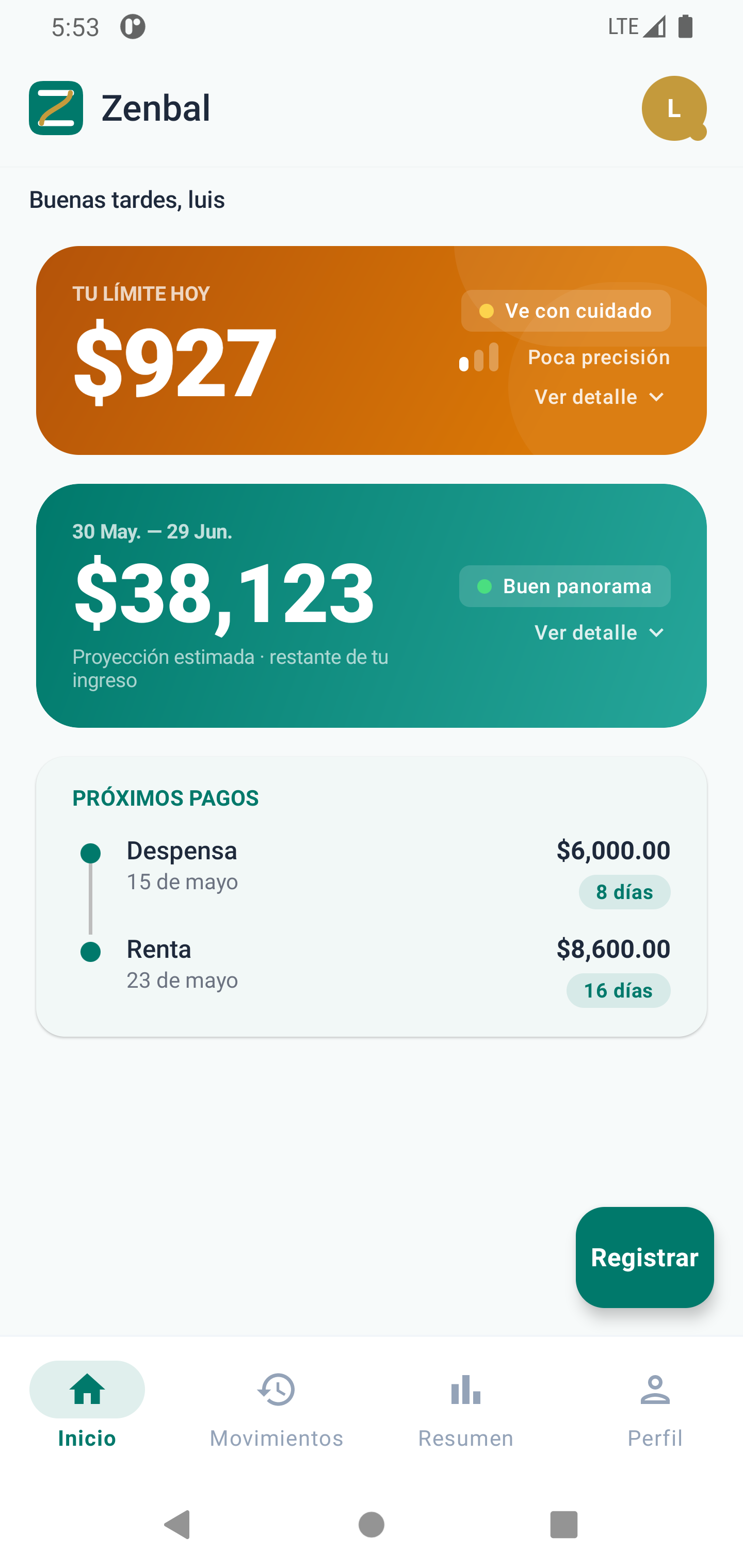 Zenbal app — pantalla principal
